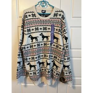 Lands End Mens DOG Sweater Winter Knit Pullover XXL Cream Christmas Heavy 2XL